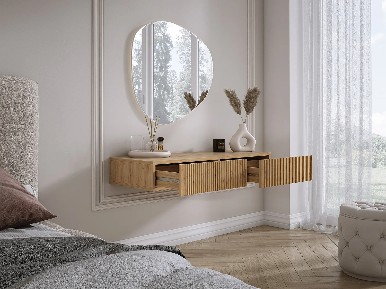 Wandhangende kaptafel met twee laden, geribbelde voorkant, Craft-eiken, 100 x 39,6 x 16 cm
