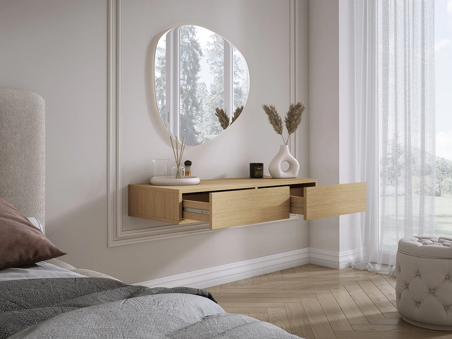 Wandhangende kaptafel met twee laden, gladde voorkant, geolied eiken, 100 x 39,6 x 16 cm