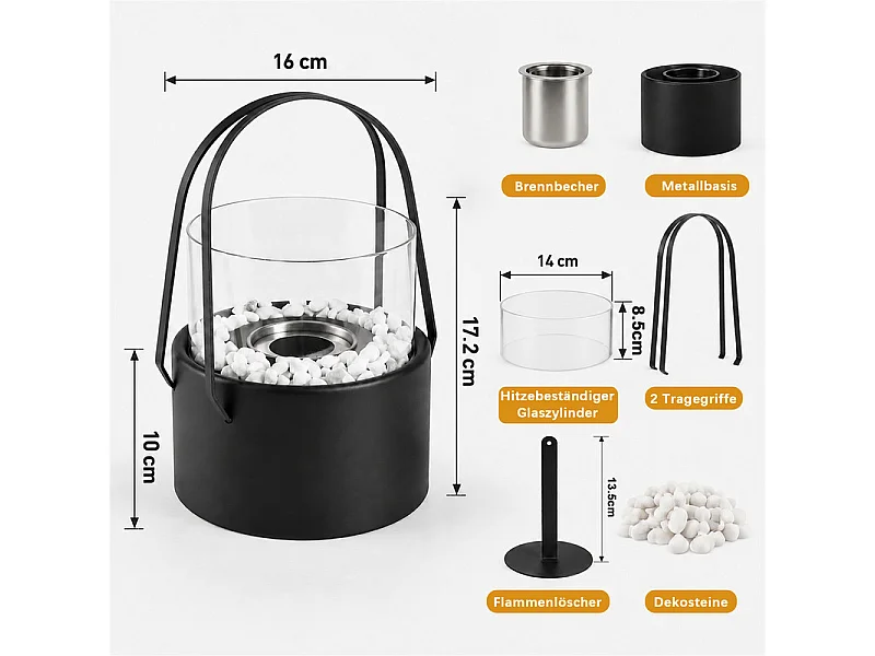 NETTLIFE tragbarer Bioethanol-Kamin, Ø16xH17,2cm, 110ml, hitzebeständiges Glas, echte Flamme für Balkon und Terrasse, gemütlich.