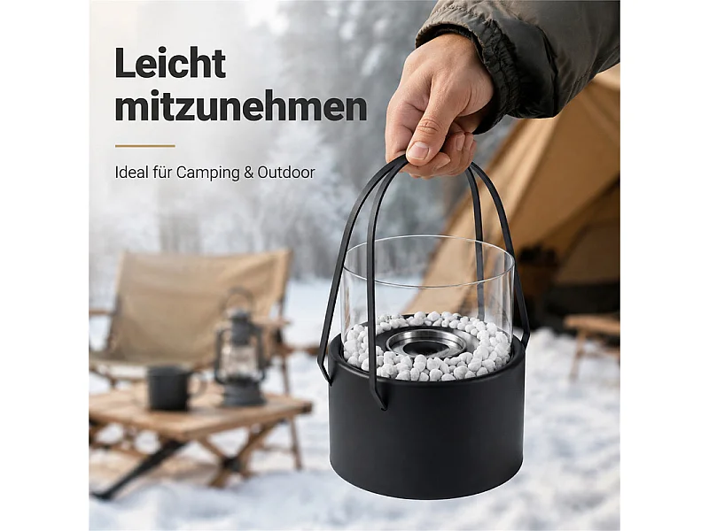 NETTLIFE tragbarer Bioethanol-Kamin, Ø16xH17,2cm, 110ml, hitzebeständiges Glas, echte Flamme für Balkon und Terrasse, gemütlich.