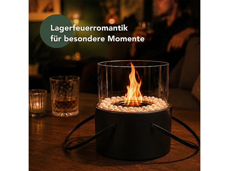 NETTLIFE tragbarer Bioethanol-Kamin, Ø16xH17,2cm, 110ml, hitzebeständiges Glas, echte Flamme für Balkon und Terrasse, gemütlich.