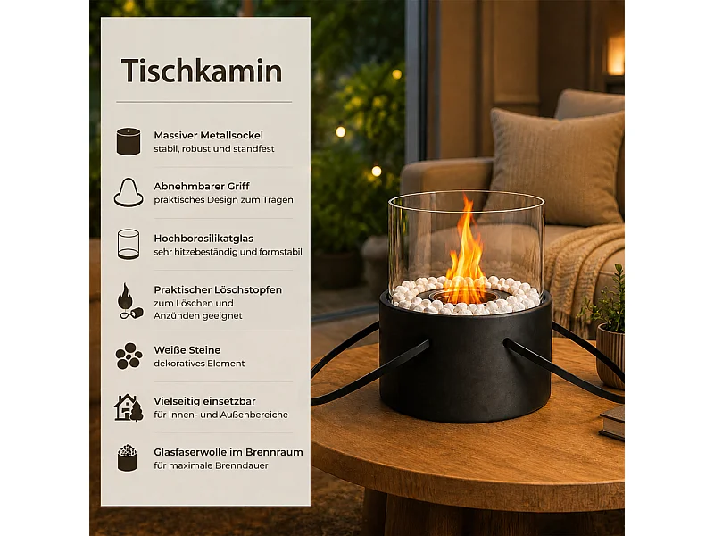 NETTLIFE tragbarer Bioethanol-Kamin, Ø16xH17,2cm, 110ml, hitzebeständiges Glas, echte Flamme für Balkon und Terrasse, gemütlich.