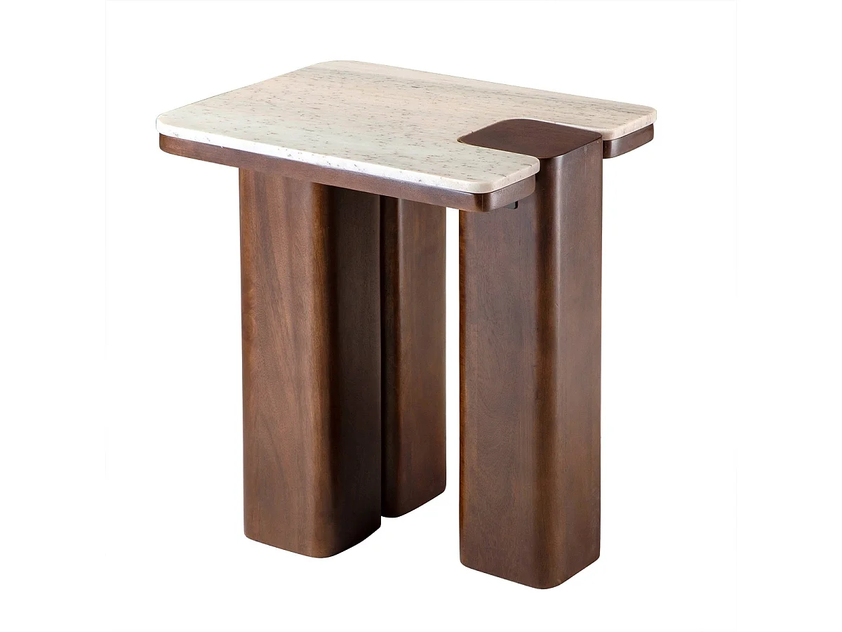 Sculpturaal puzzel bijzettafel van mangohout en marmer - Elegant en compact ontwerp met warme tinten