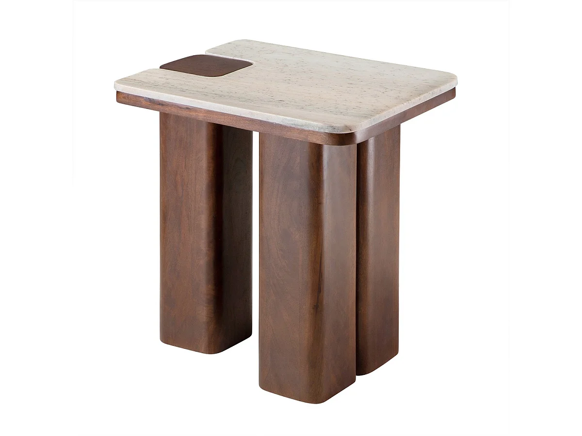 Sculpturaal puzzel bijzettafel van mangohout en marmer - Elegant en compact ontwerp met warme tinten