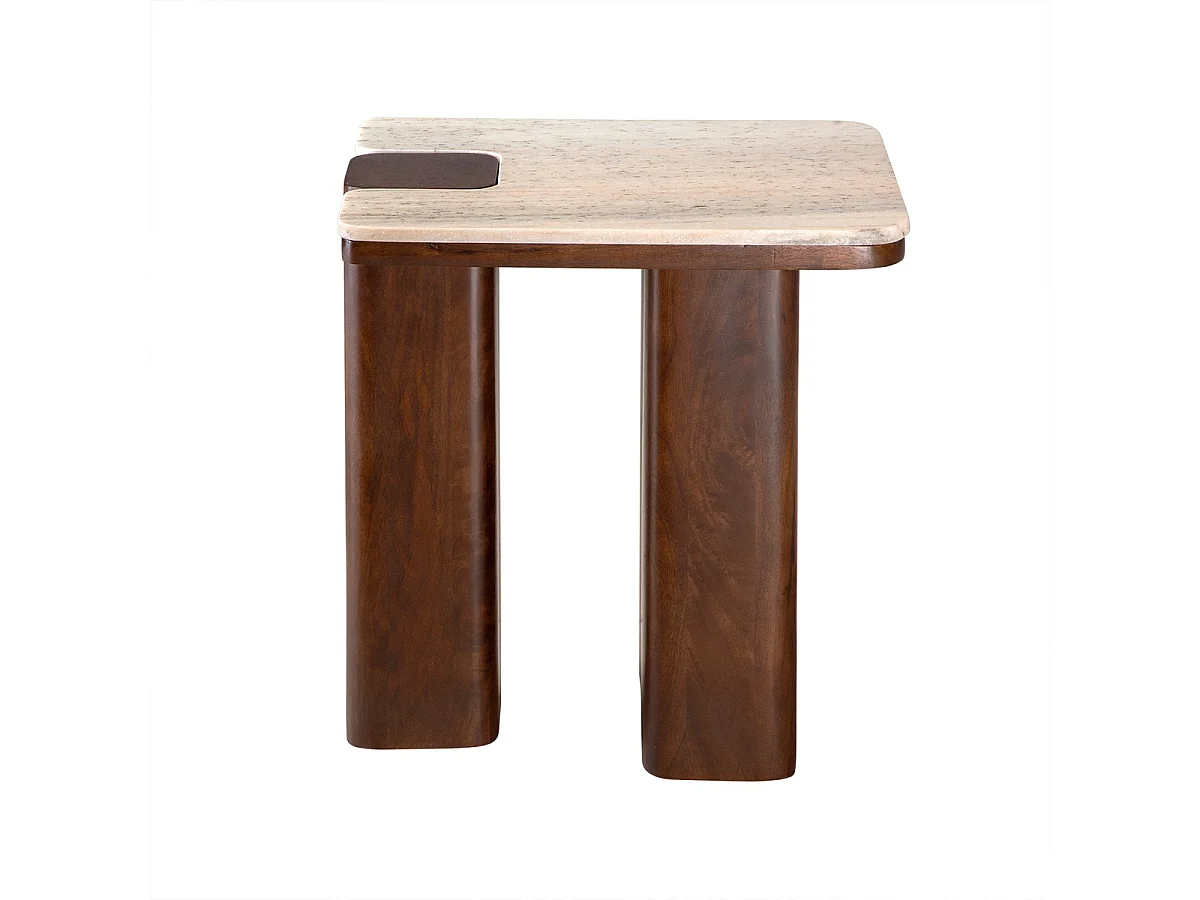Sculpturaal puzzel bijzettafel van mangohout en marmer - Elegant en compact ontwerp met warme tinten