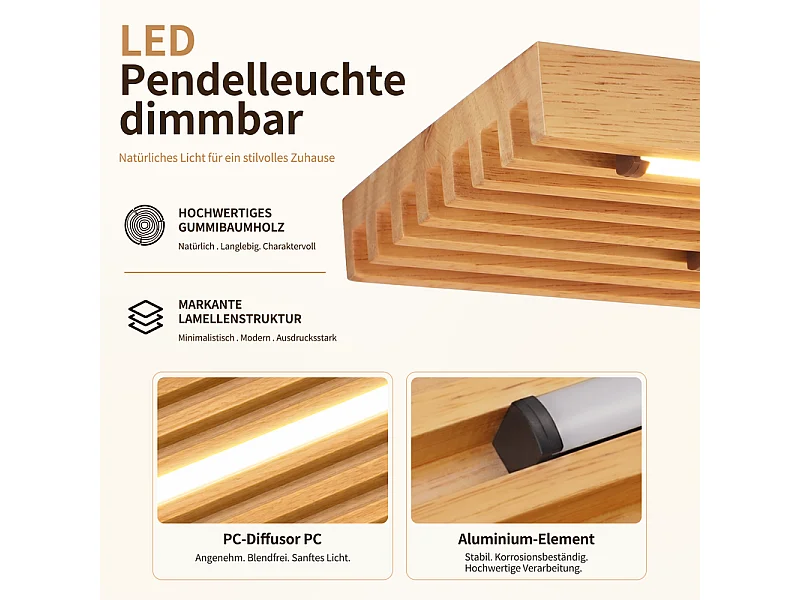 NETTLIFE Houten hanglamp voor eettafel, 33W, dimbare pendellamp met afstandsbediening