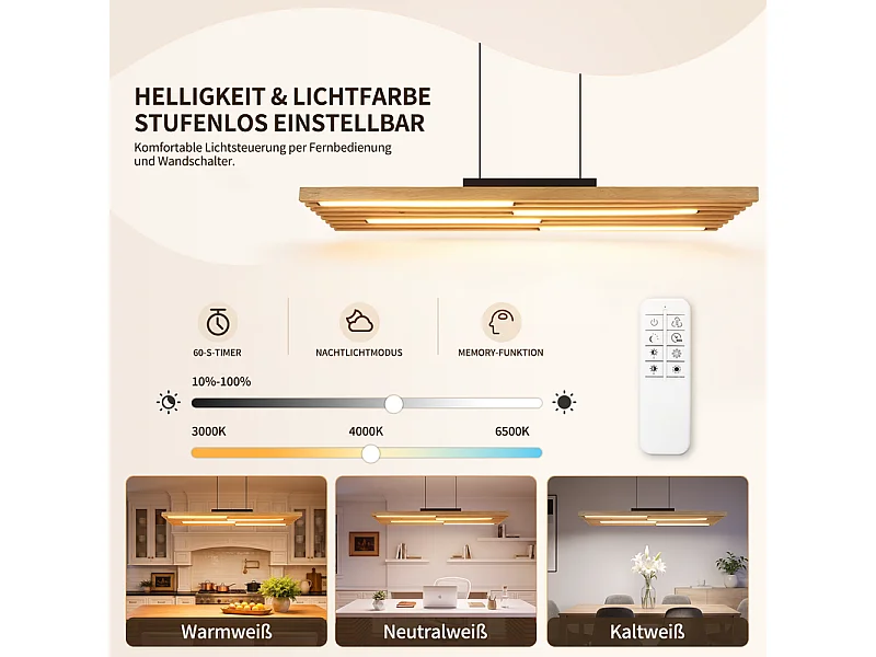 NETTLIFE Houten hanglamp voor eettafel, 33W, dimbare pendellamp met afstandsbediening