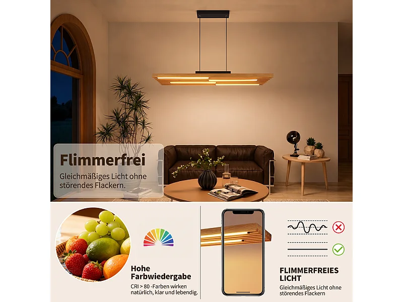 NETTLIFE Houten hanglamp voor eettafel, 33W, dimbare pendellamp met afstandsbediening