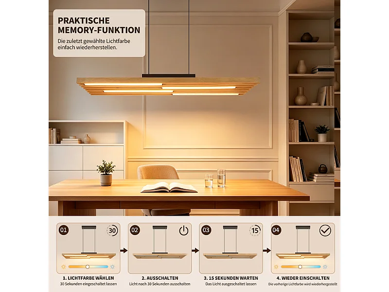 NETTLIFE Houten hanglamp voor eettafel, 33W, dimbare pendellamp met afstandsbediening