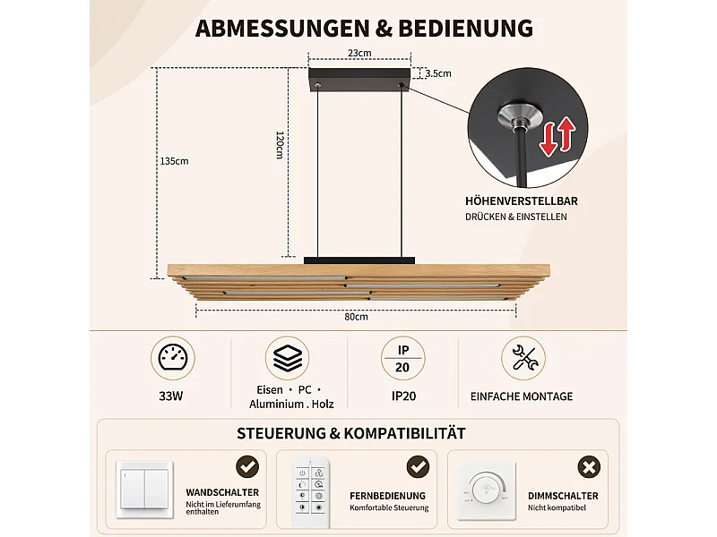 NETTLIFE Houten hanglamp voor eettafel, 33W, dimbare pendellamp met afstandsbediening