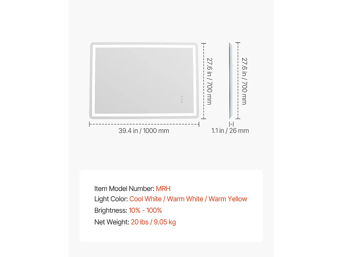 Miroir de salle de bain LED 70 x 100 cm, antibuée, 3 températures, intensité variable