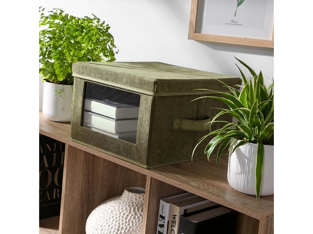 Boîte rangement tissu velours côtelé kaki avec fenêtre - L30 cm
