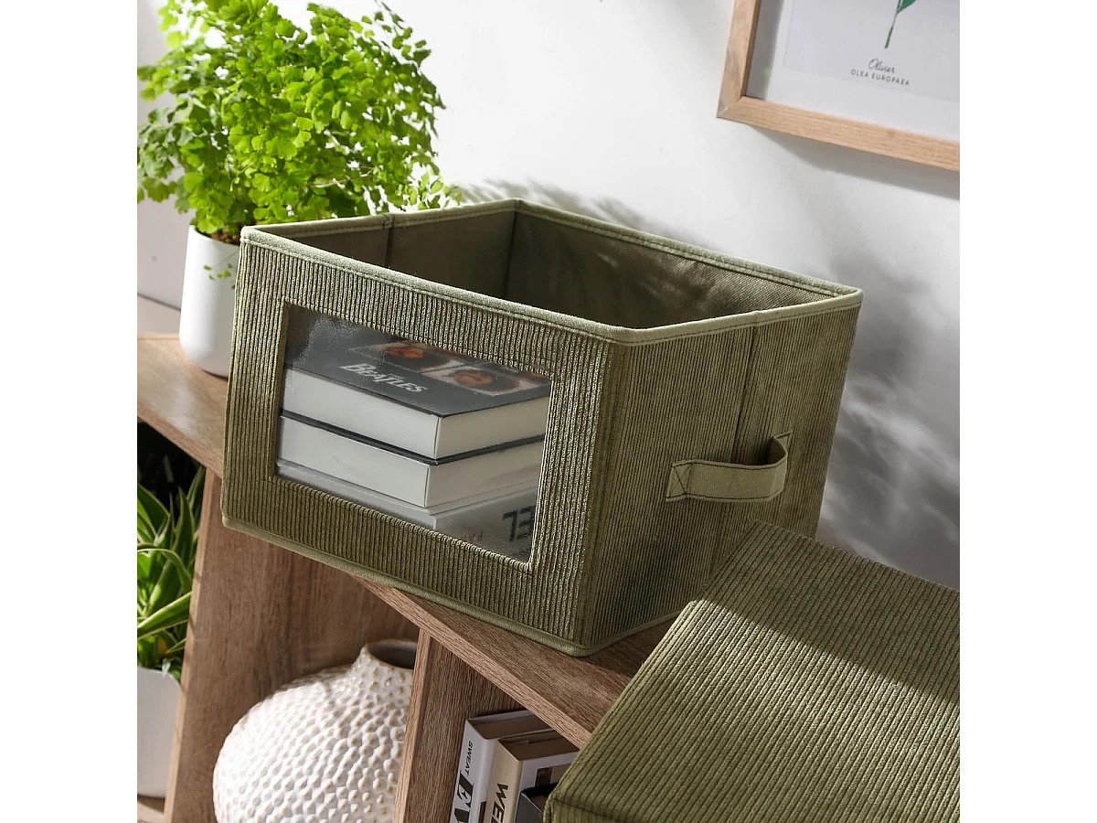 Boîte rangement tissu velours côtelé kaki avec fenêtre - L30 cm