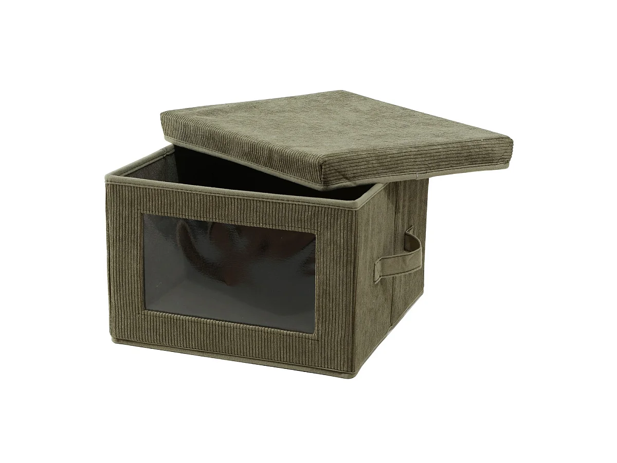 Boîte rangement tissu velours côtelé kaki avec fenêtre - L30 cm