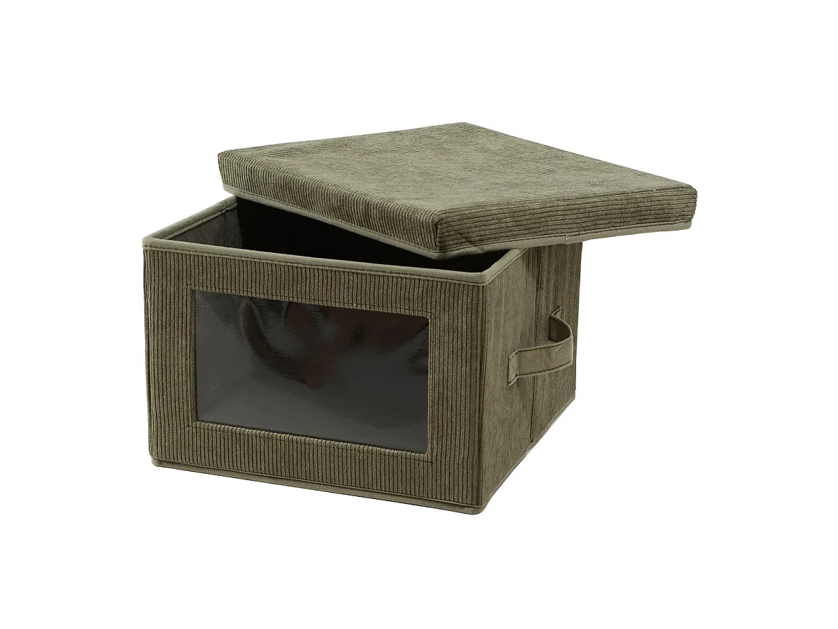 Boîte rangement tissu velours côtelé kaki avec fenêtre - L30 cm
