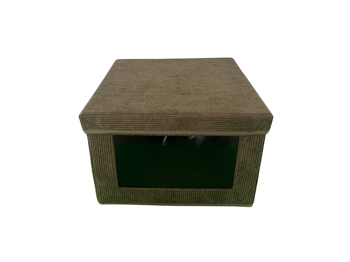 Boîte rangement tissu velours côtelé kaki avec fenêtre - L30 cm