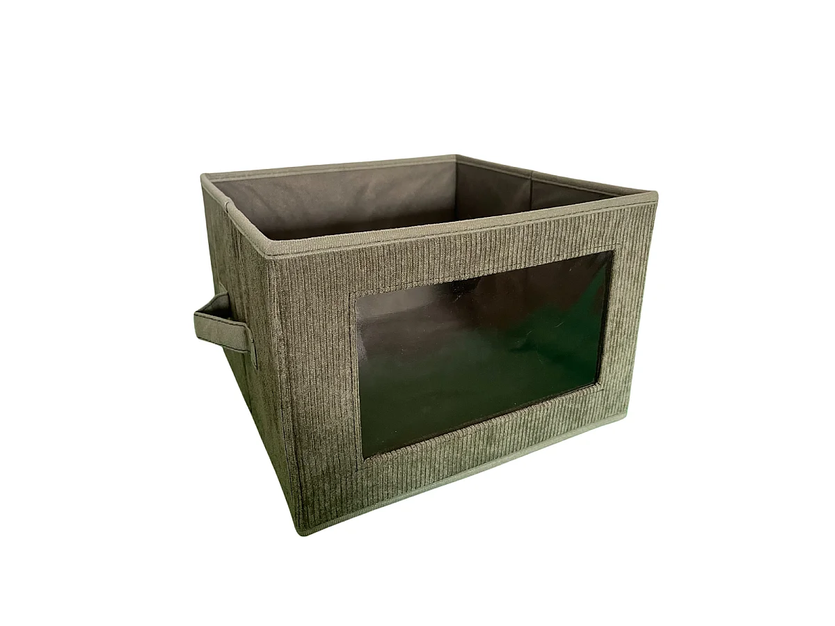 Boîte rangement tissu velours côtelé kaki avec fenêtre - L30 cm