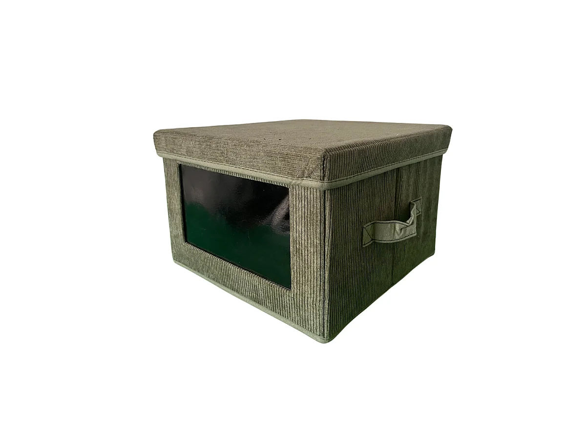 Boîte rangement tissu velours côtelé kaki avec fenêtre - L30 cm