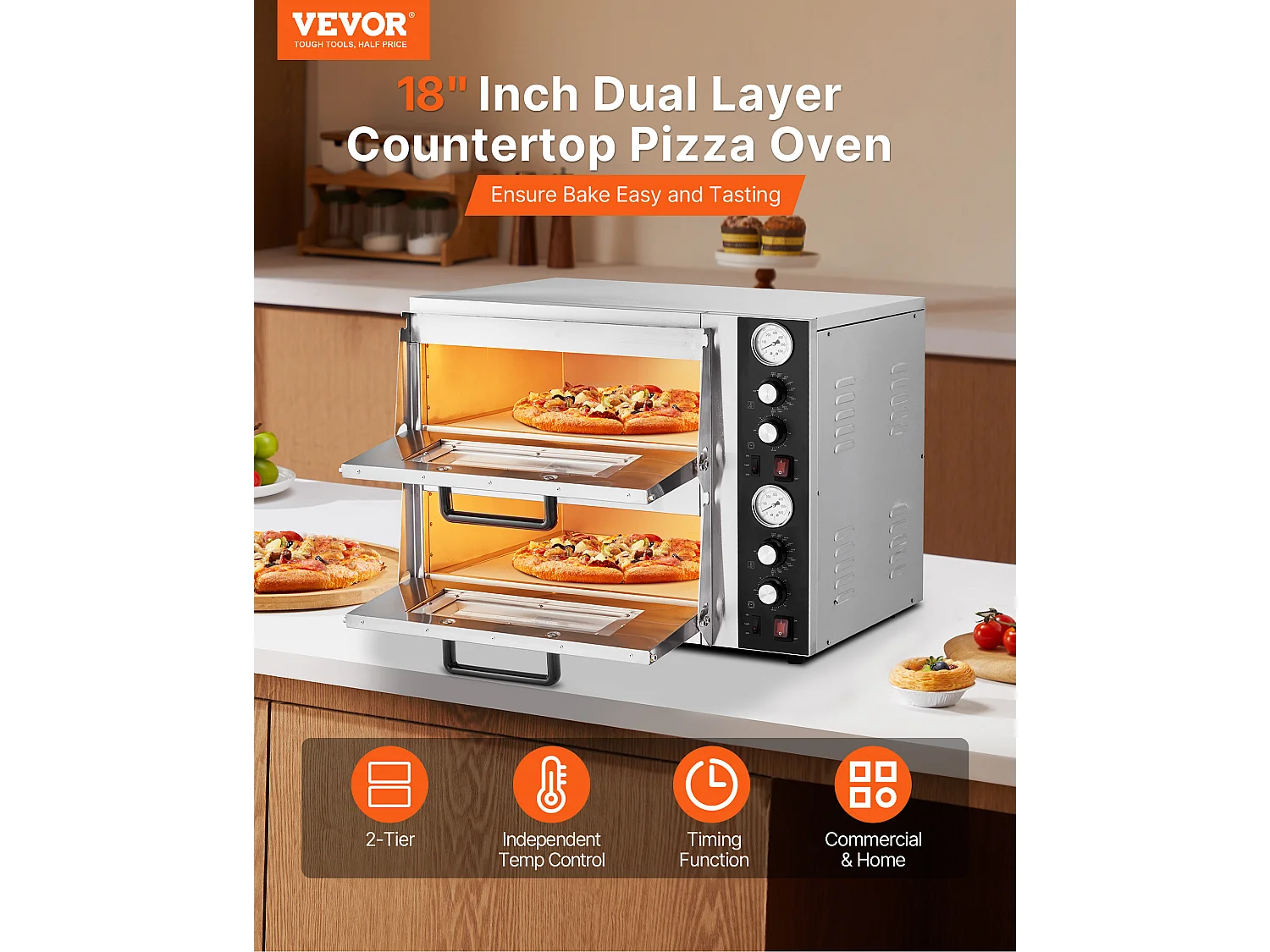 VEVOR Four à Pizza Électrique de Comptoir 45,7 cm - Double Étage, 5 000 W, Contrôle Indépendant Température 25–450 °C