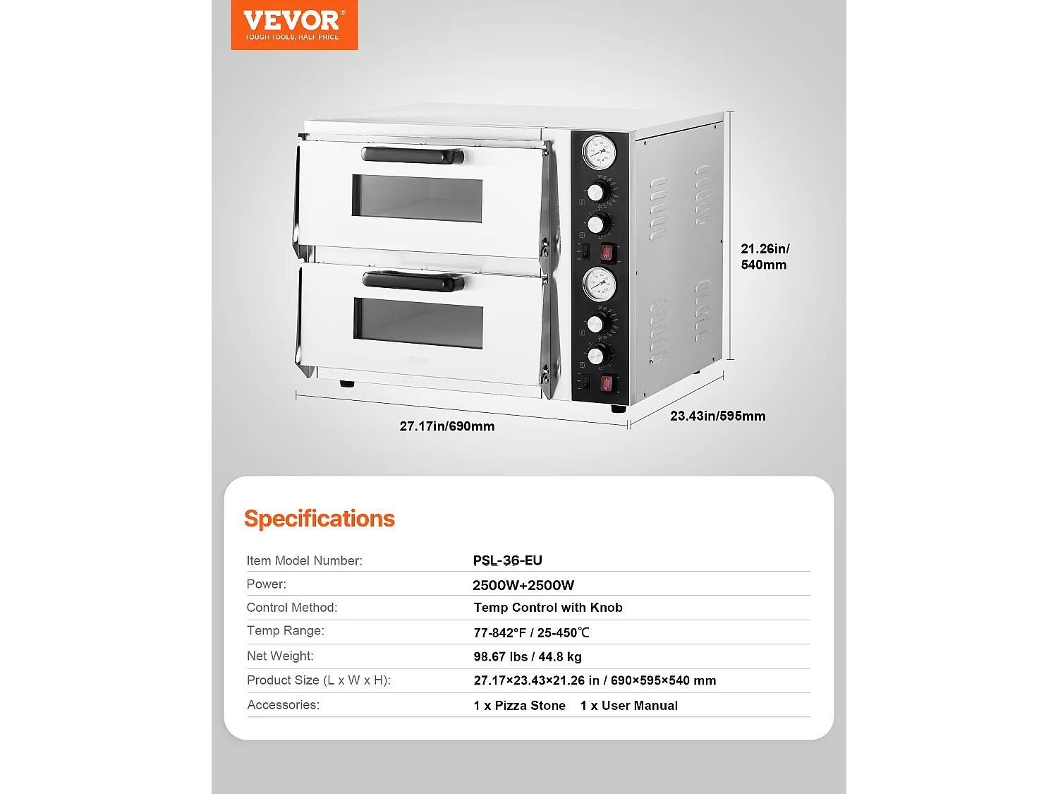 VEVOR Four à Pizza Électrique de Comptoir 45,7 cm - Double Étage, 5 000 W, Contrôle Indépendant Température 25–450 °C