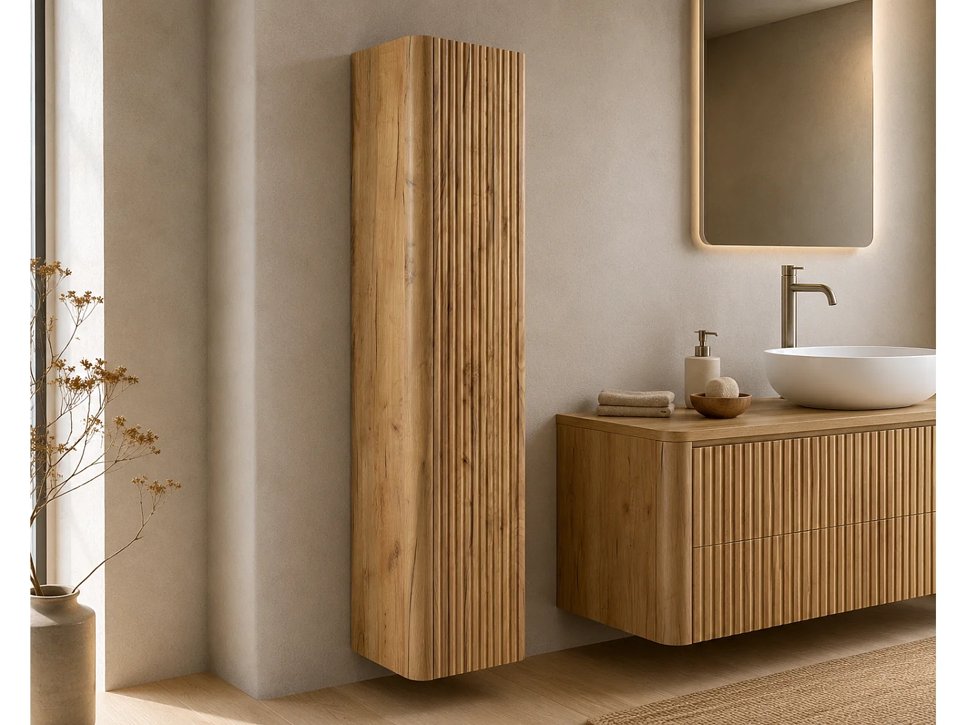 Staande badkamerkast, kolomkast met deur, 4 legplanken, Craft eiken, 35 x 136 x 30 cm