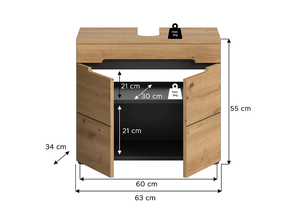 Meuble sous lavabo 2 portes effet chêne et gris L63 cm - ENO