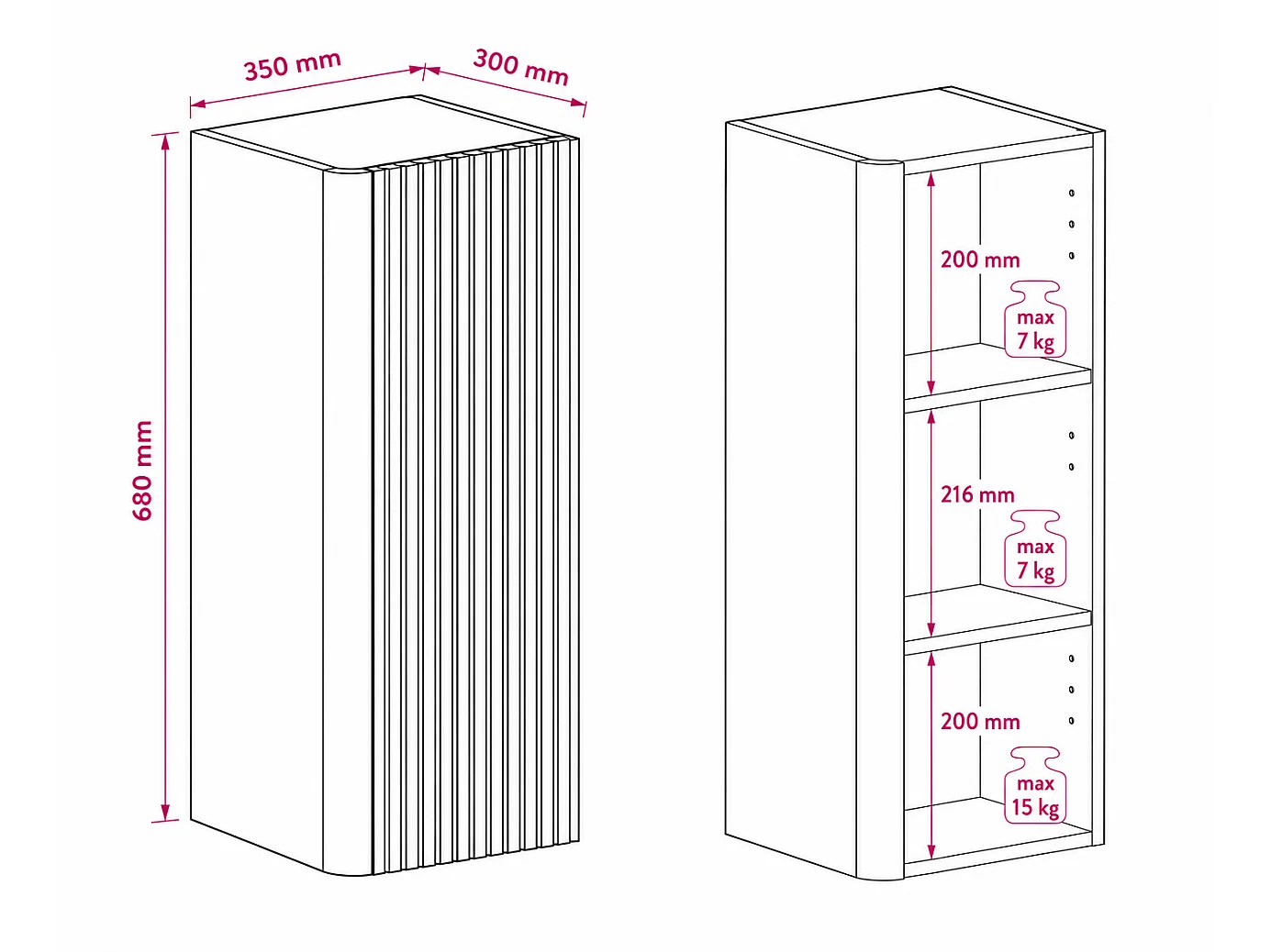 Hangende badkamerkast, halfhoge kolomkast met deur, 3 legplanken, Craft eiken, 35 x 68 x 30 cm