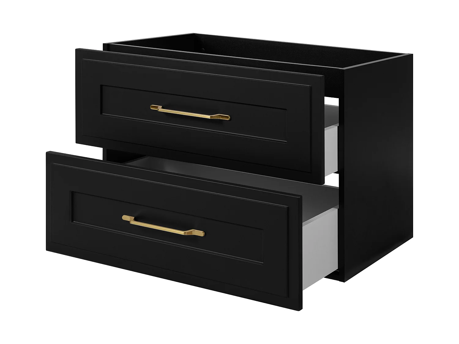 Væghængt badeværelsesskab 80 med skuffer, korpus: sort + bordplade: Black Royal marmor, greb: guld, 80 x 46 x 58,6 cm