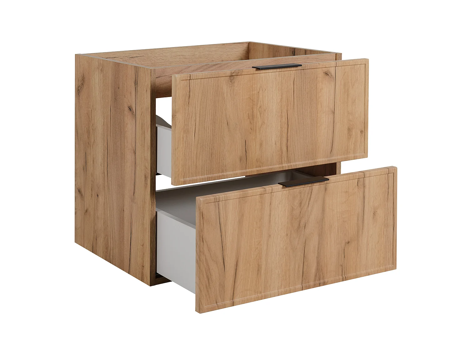 Mueble de baño suspendido 60 con cajones, color roble craft + encimera en negro, con tiradores, 60 x 46 x 58,6 cm