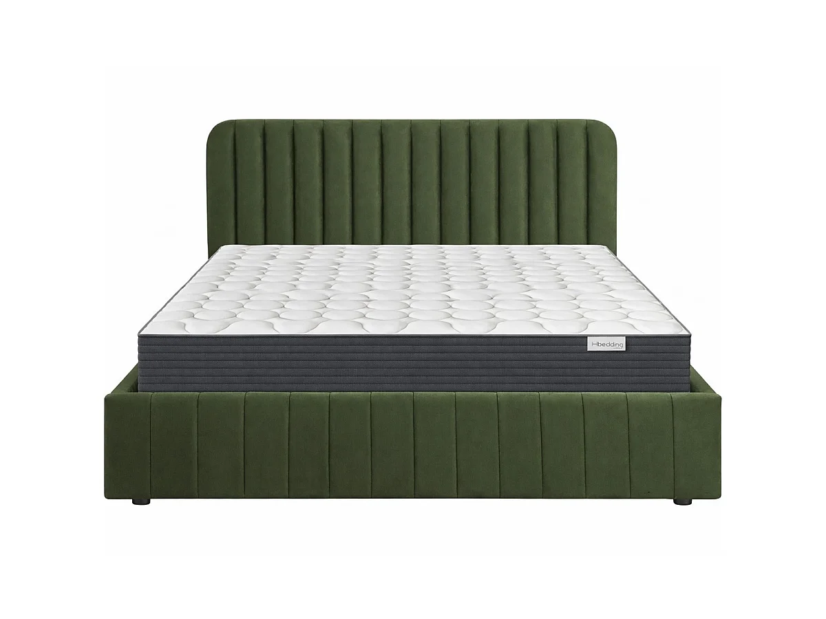 Ensemble Lit coffre adulte 180x200cm avec tête de lit en velours vert kaki - Ava + Matelas mémoire de forme - Memo HR
