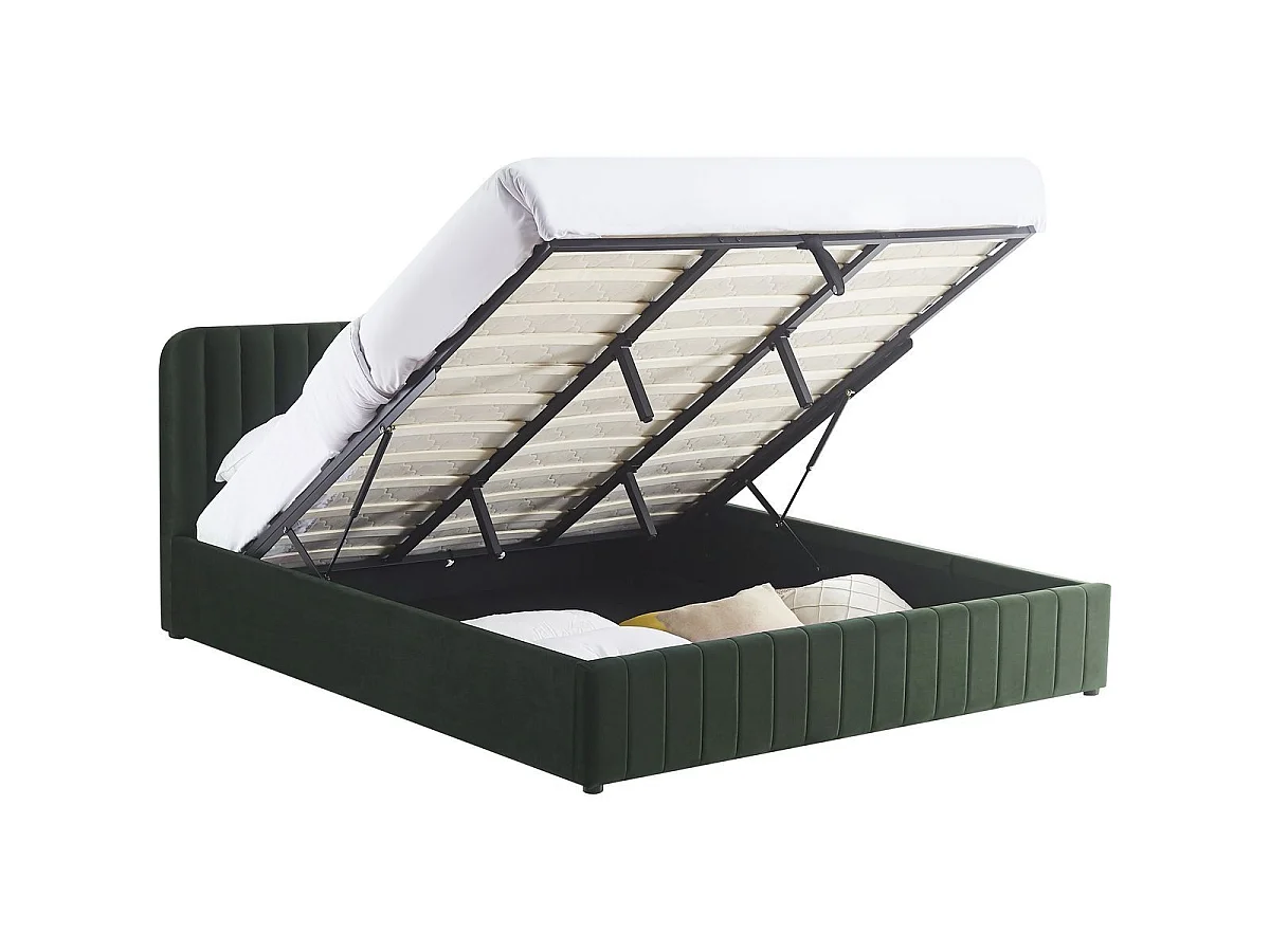 Ensemble Lit coffre adulte 180x200cm avec tête de lit en velours vert kaki - Ava + Matelas mémoire de forme - Memo HR