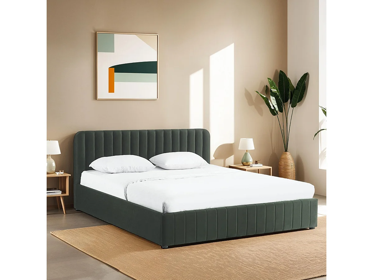 Ensemble Lit coffre adulte 180x200cm avec tête de lit en velours vert kaki - Ava + Matelas mémoire de forme - Memo HR
