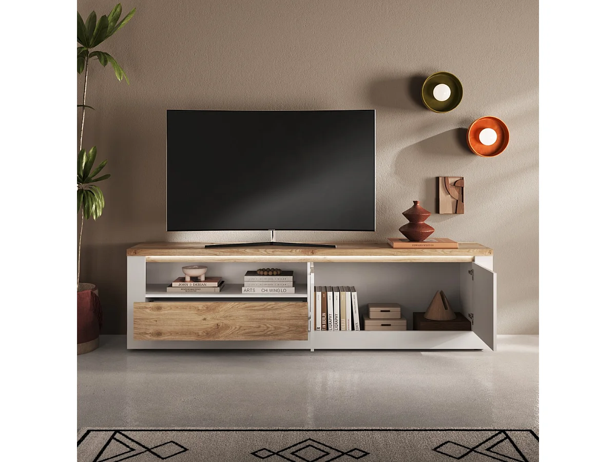 Mobile TV 2 ante con illuminazione effetto bianco e rovere L207 cm - ISCHIA