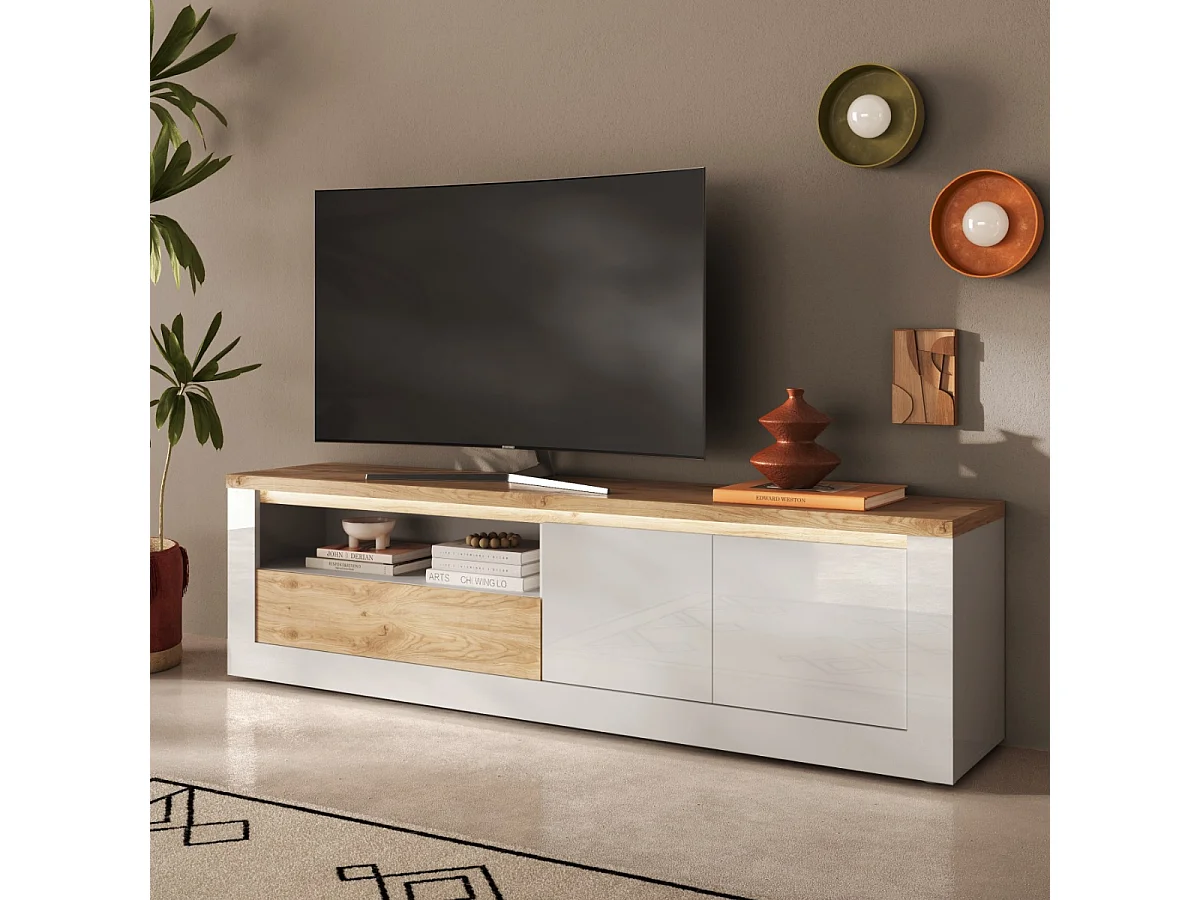 Mobile TV 2 ante con illuminazione effetto bianco e rovere L207 cm - ISCHIA