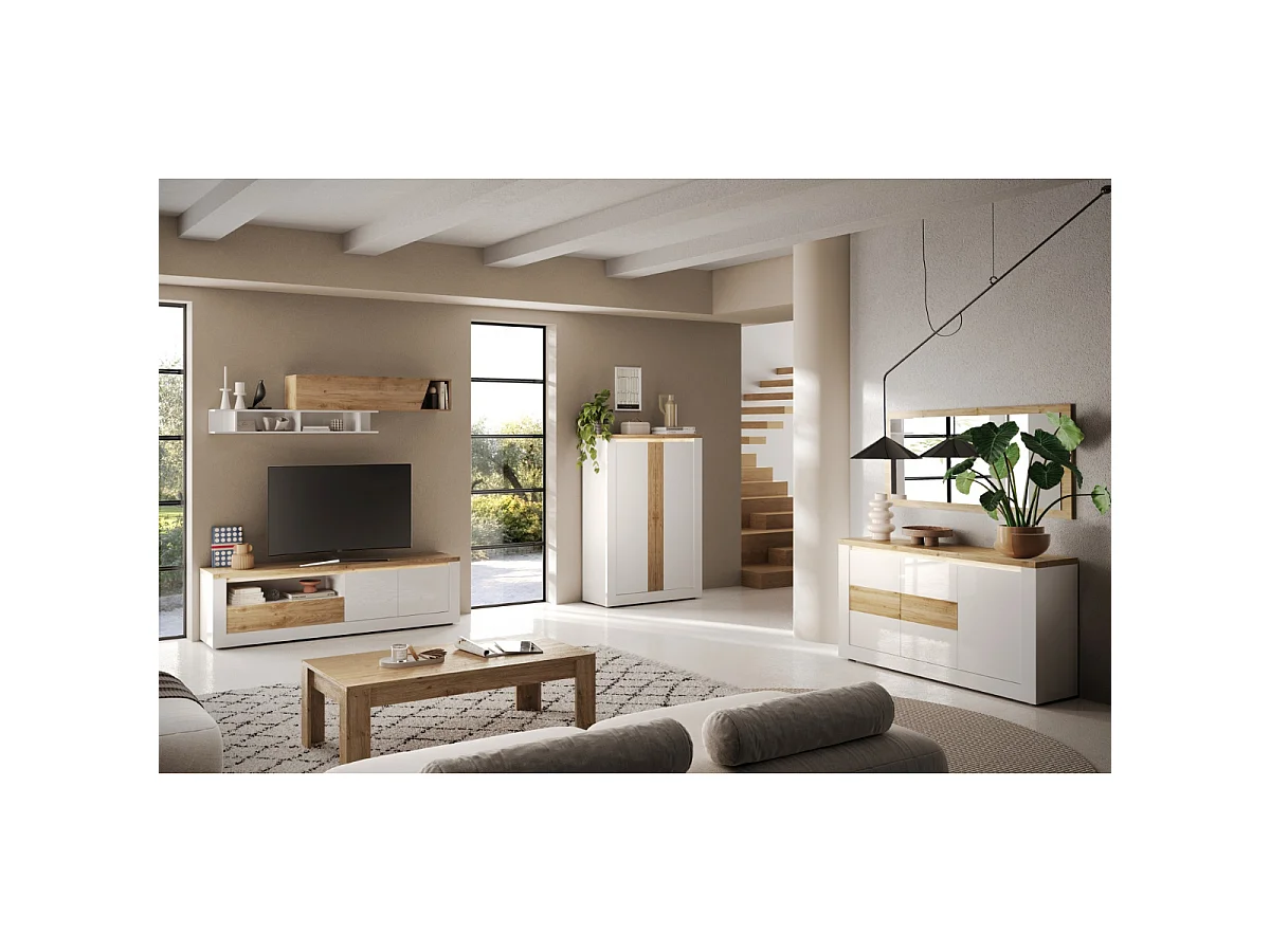 Mobile TV 2 ante con illuminazione effetto bianco e rovere L207 cm - ISCHIA