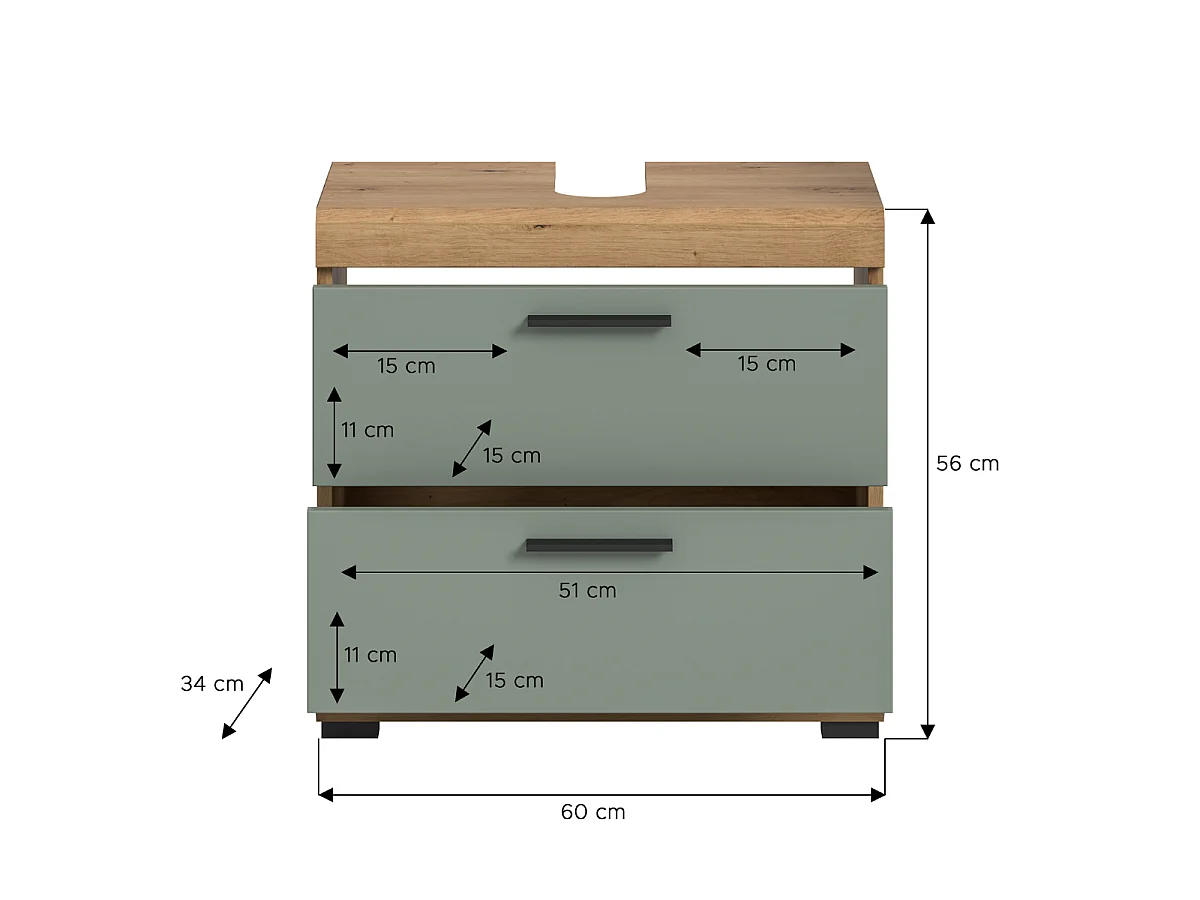Meuble sous lavabo 2 tiroirs effet chêne et sauge L60 cm - GIO