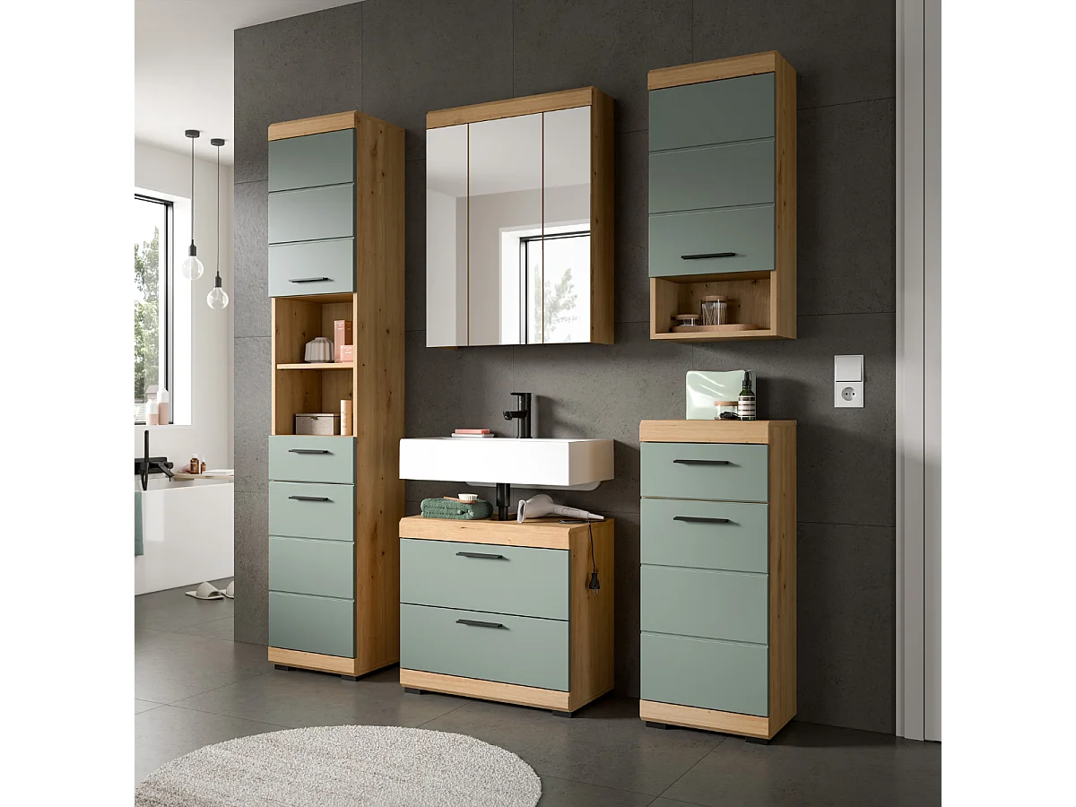 Meuble sous lavabo 2 tiroirs effet chêne et sauge L60 cm - GIO