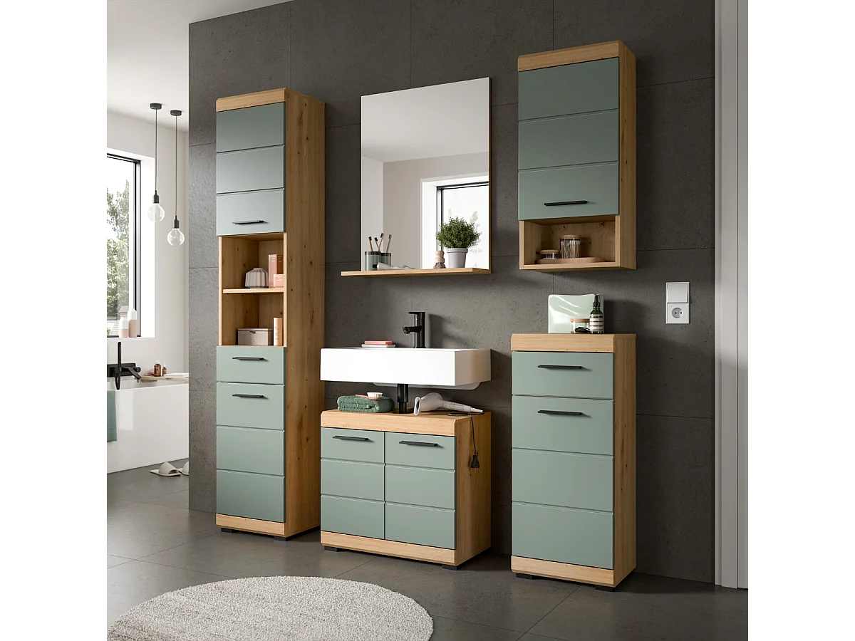 Meuble sous lavabo 2 portes effet chêne et sauge L60 cm - GIO