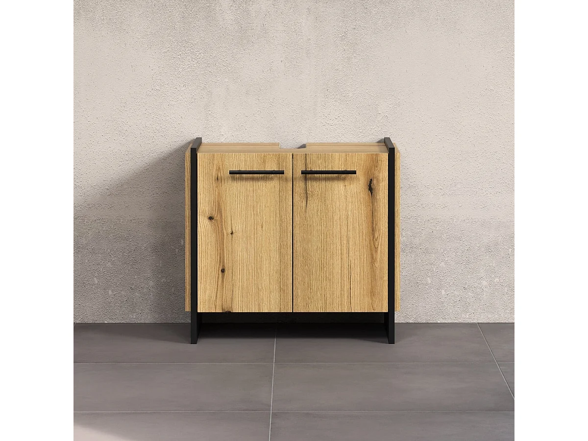 Meuble sous vasque 2 portes décor chêne et noir L60 cm - ELLIE
