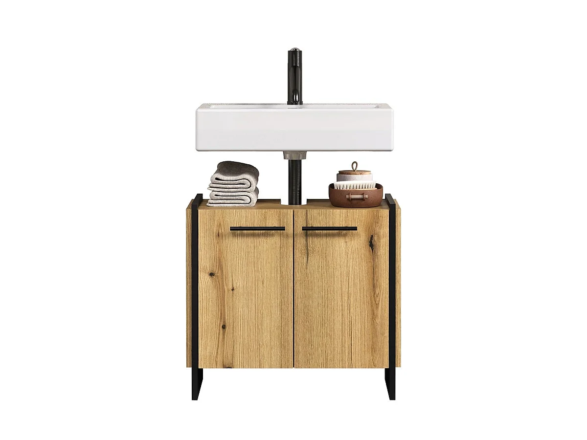 Meuble sous vasque 2 portes décor chêne et noir L60 cm - ELLIE