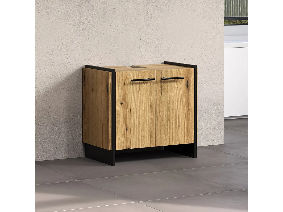 Meuble sous vasque 2 portes décor chêne et noir L60 cm - ELLIE
