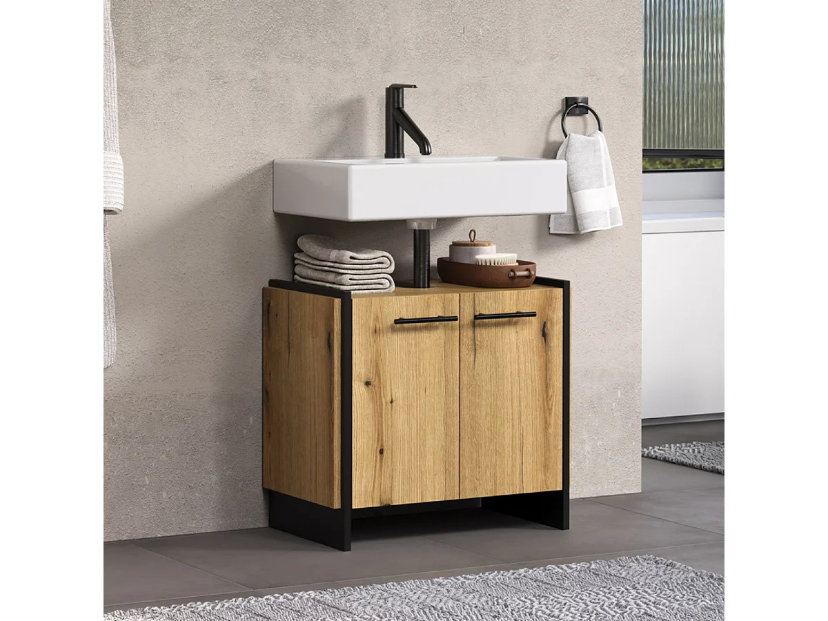 Meuble sous vasque 2 portes décor chêne et noir L60 cm - ELLIE