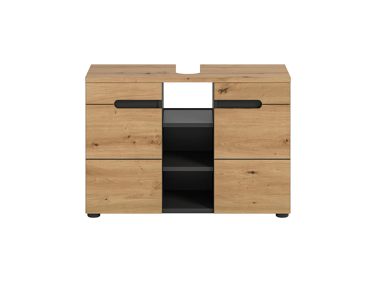 Meuble sous lavabo 2 portes 3 niches effet chêne et gris L80 cm - ENO