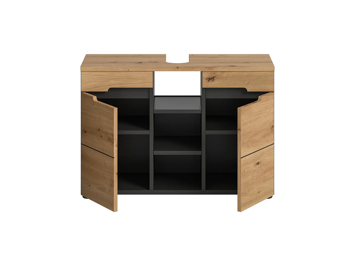 Meuble sous lavabo 2 portes 3 niches effet chêne et gris L80 cm - ENO