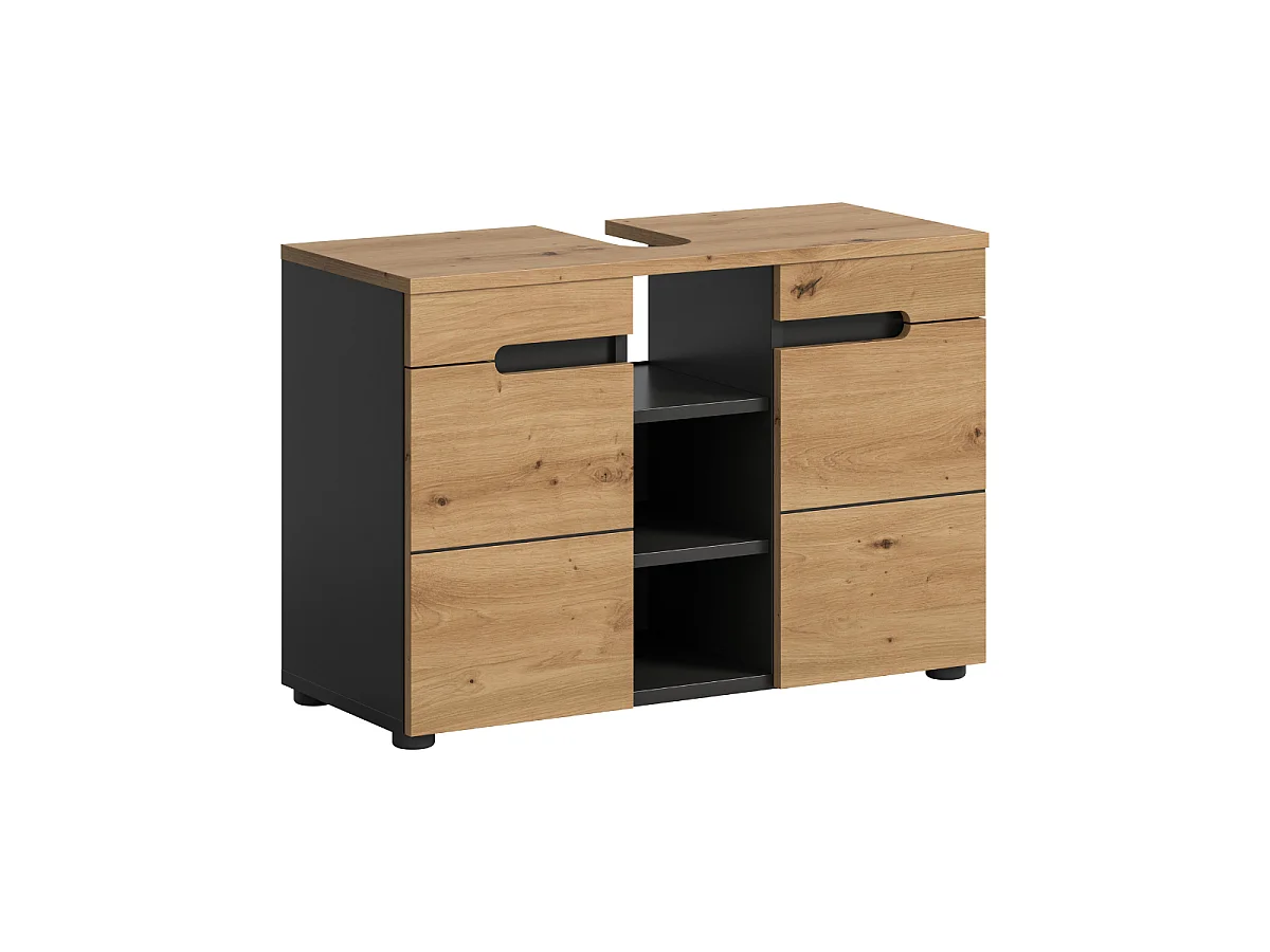 Meuble sous lavabo 2 portes 3 niches effet chêne et gris L80 cm - ENO