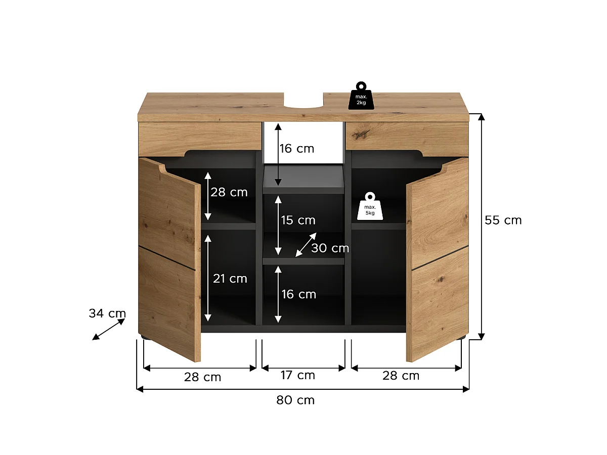Meuble sous lavabo 2 portes 3 niches effet chêne et gris L80 cm - ENO