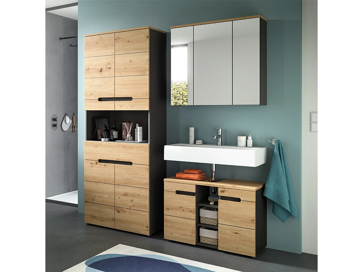 Meuble sous lavabo 2 portes 3 niches effet chêne et gris L80 cm - ENO