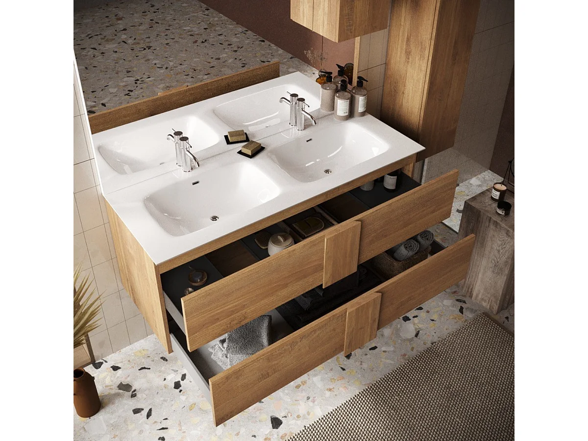 Italiaans Eiken Dubbele Wastafel Badkamermeubel met 2 Laden 122x47x53cm - Duet S