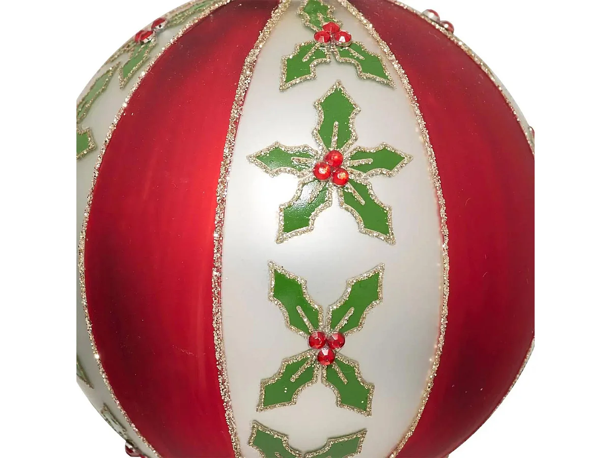 Boule de Noël en Verre "Houx" 8cm Rouge & Blanc