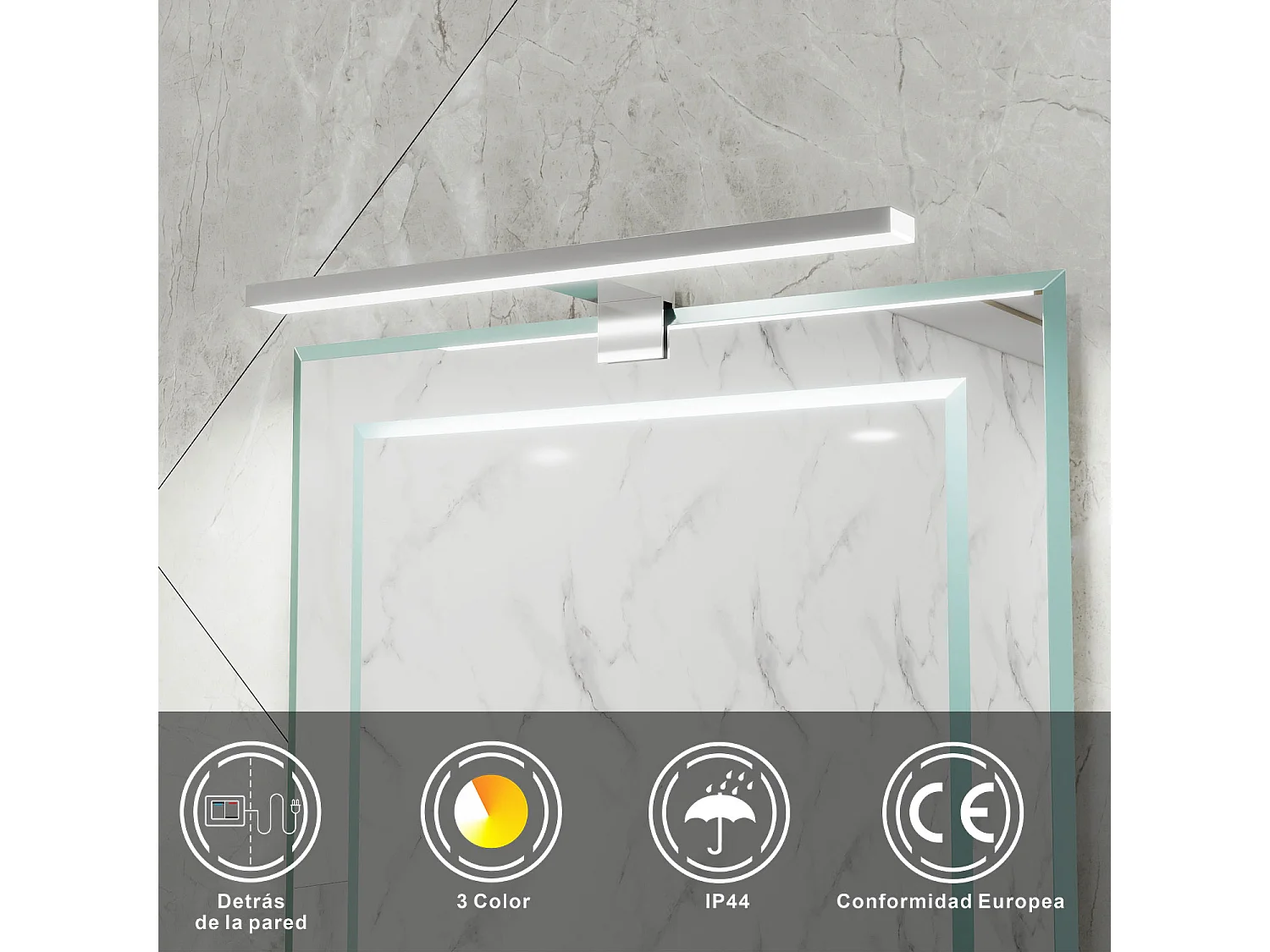 Aplique LED de espejo,3 colores,interruptor pared,3 instal. 40cm,cromo